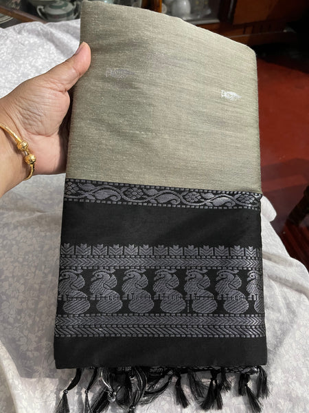 Grey and Black Pure Handloom Cotton Silk Saree