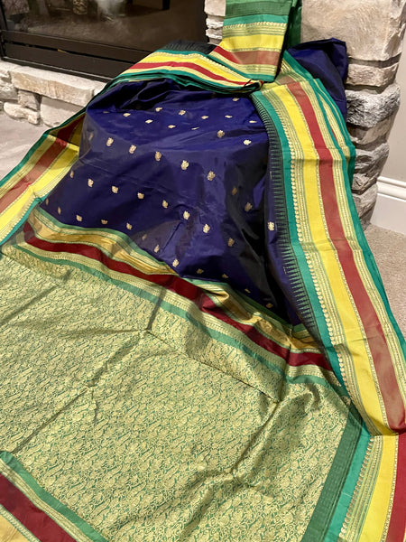Navy Blue, Green, and Gold Kanchipuram Naali Silk Saree