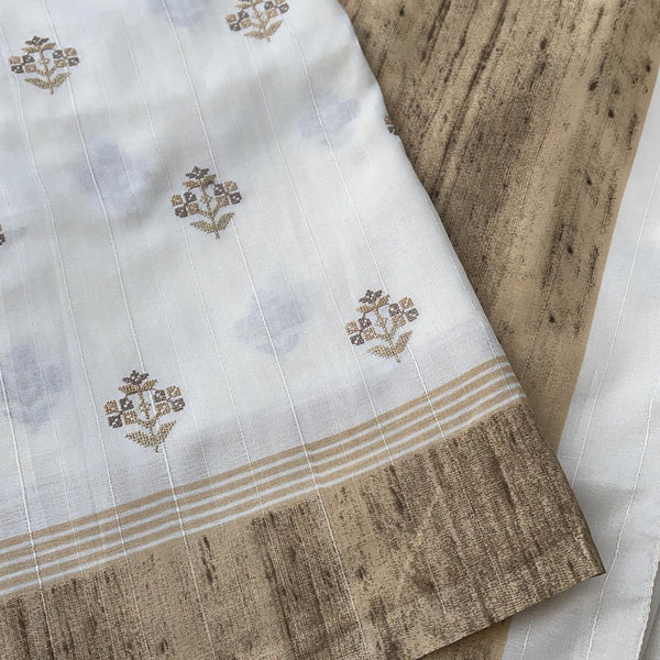 Ivory and Gold Embroidered Raw Tussar Silk Saree