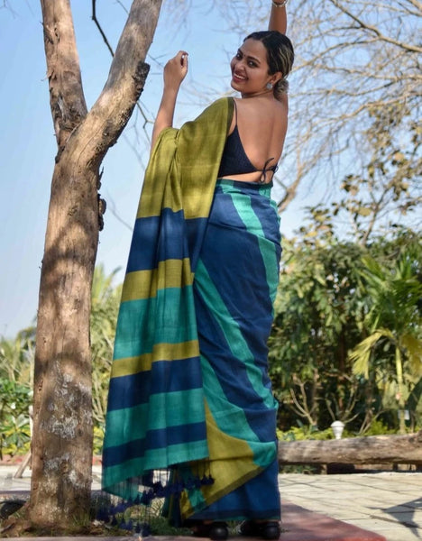 Olive Green and Blue Handloom cotton saree