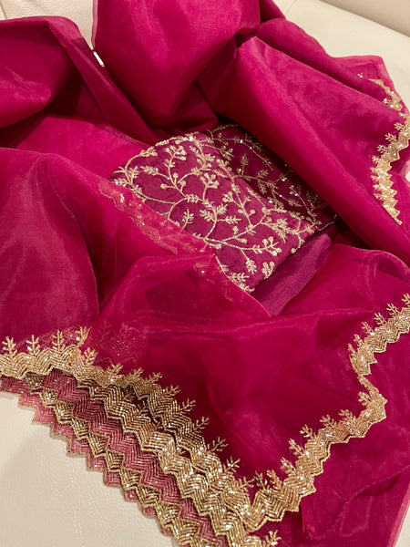 Red Wine/Burgundy Organza Saree with Embroidery
