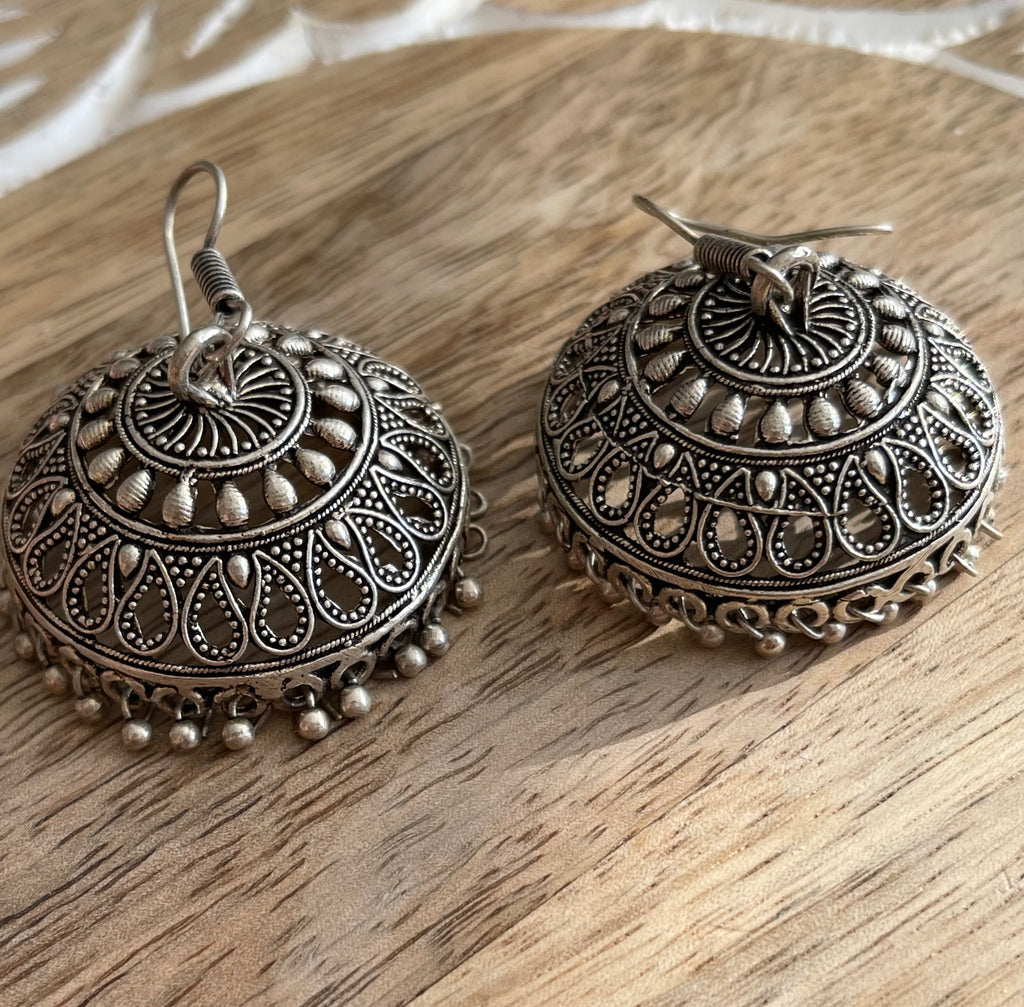 German Silver Jhumka Earrings in Circular Design with Jhumki s
