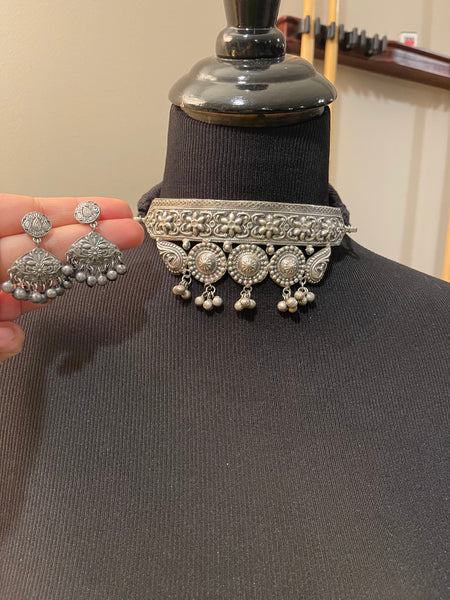 Silver Look Alike Oxidised Choker with Earrings