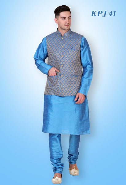 Mens Blue Color Silk Kurta Pajama with Brocade Modi Jacket