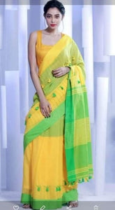Yellow & Green Khadi Cotton Saree with Pompom Border Hand Work