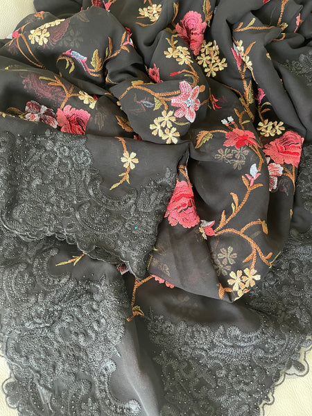 Black Georgette Chiffon with Lace and Embroidery