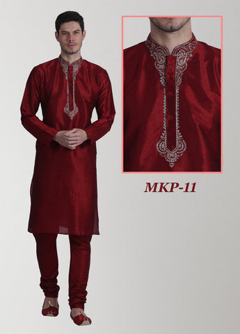 Red Maroon Mens Embroidered Kurta Pyjama Set