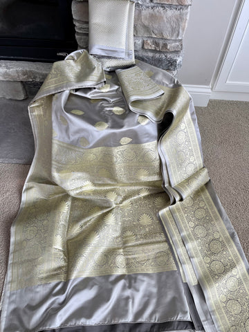 Dual Tone Silver/Grey and Gold Banarasi Silk Saree