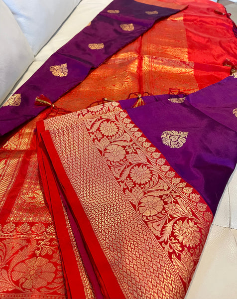 Purple and Red Soft Banarasi Pattu Katan Silk Saree with Zari weaves with Pink Border