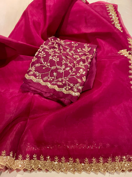 Red Wine/Burgundy Organza Saree with Embroidery