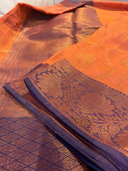 Coral Pink and Purple Handloom Brocade Cotton Silk Saree