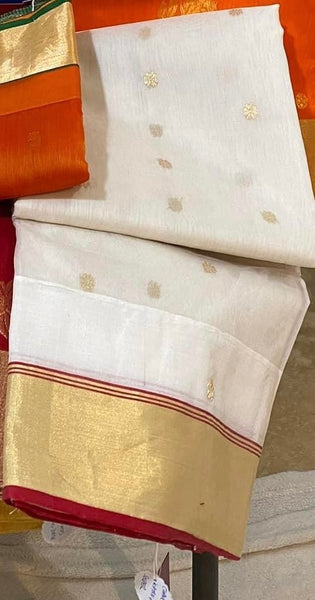 White and Red Chanderi Cotton Silk Saree
