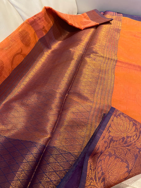 Coral Pink and Purple Handloom Brocade Cotton Silk Saree