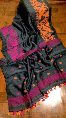 BLACK ORGANIC LINEN JAMDANI SAREE