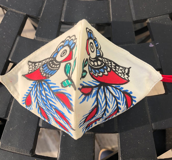 Two Ply Organic Cotton Fashion Mask with Hand-Painted Madhubani motives, Washable and Reusable Face Mask