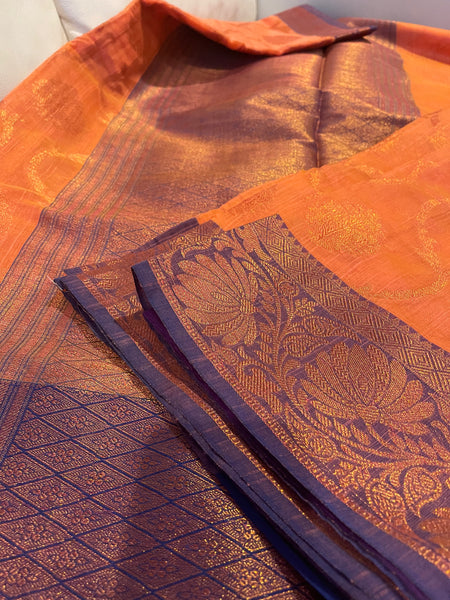 Coral Pink and Purple Handloom Brocade Cotton Silk Saree