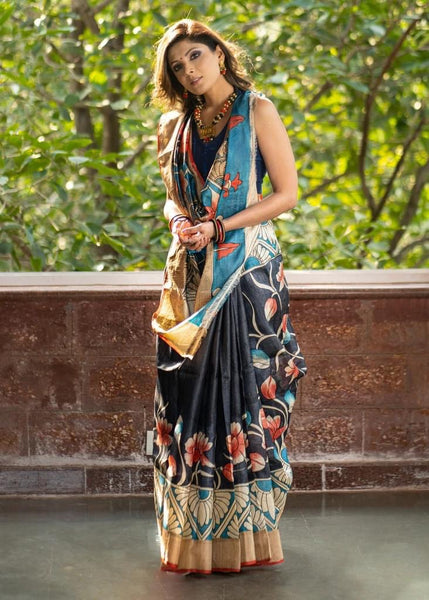 PURE TASSAR SILK BLACK & BLUE COMBINATION KALAMKARI DESIGN SAREE