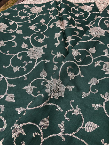 Forest Green Pure Handloom Silk Saree with Beige Embroidery