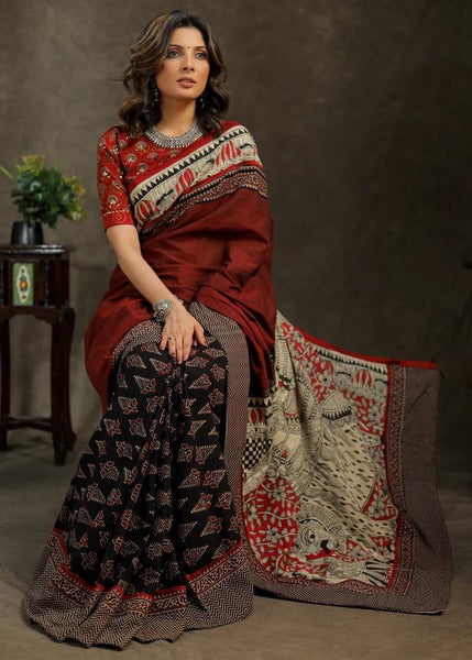 BLOCK PRINTED AJRAKH AND MAROON COTTON COMBINATION SAREE WITH HAND PAINTED MADHUBANI PATCH ON PALLU