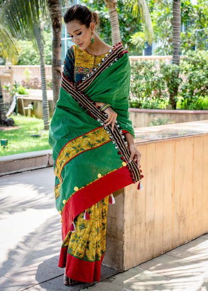 GREEN COTTON SAREE WITH AJRAKH COMBINATION SAREE WITH DELICATE WOVEN WOOLEN BORDER