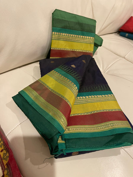 Navy Blue, Green, and Gold Kanchipuram Naali Silk Saree