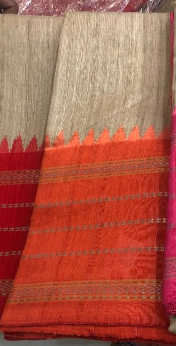 Pure Ghicha Tussar Silk Ikkat Saree in Orange