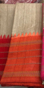 Pure Ghicha Tussar Silk Ikkat Saree in Orange