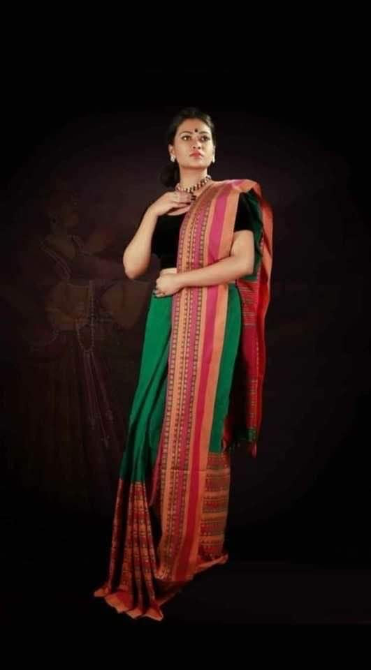 Pure Green and Multicolor Bengali Handloom Cotton Saree