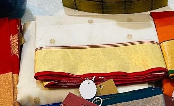 White and Red Chanderi Cotton Silk Saree