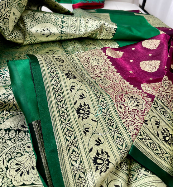 Plum Green and Gold Banarasi Silk Saree
