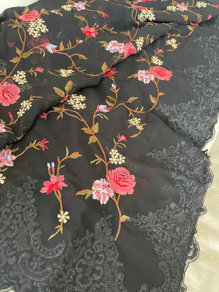 Black Georgette Chiffon with Lace and Embroidery