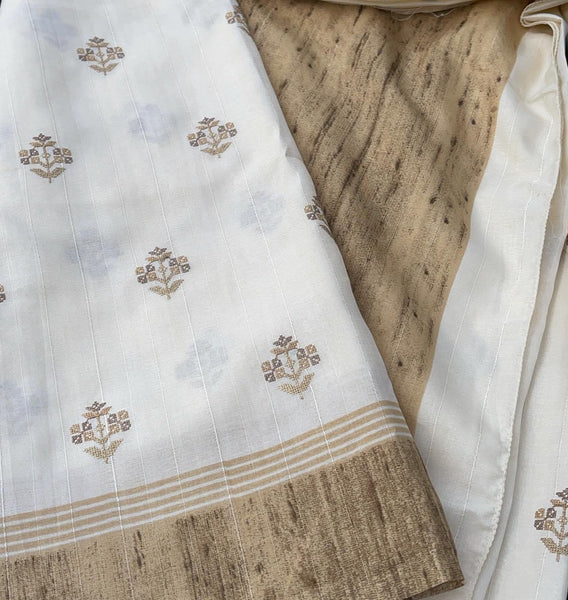 Ivory and Gold Embroidered Raw Tussar Silk Saree