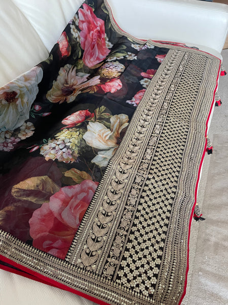 Black Pure Floral Organza Silk Saree with Zardosi Work