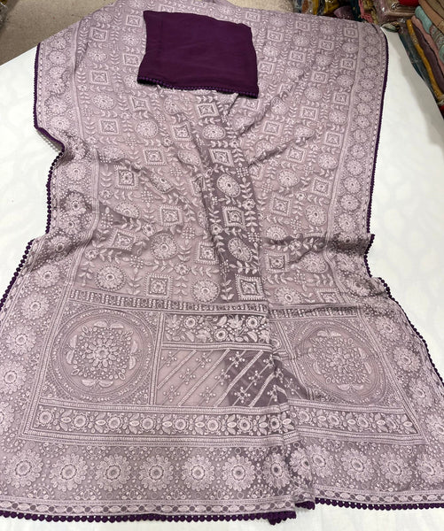 Purple Lavender Chikankari on Georgette with Contrast Lace