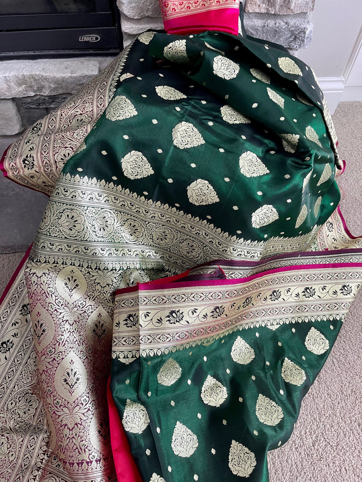 Bottle Green and Gold Banarasi Silk Saree