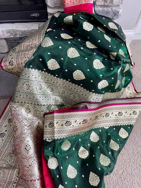 Bottle Green and Gold Banarasi Silk Saree