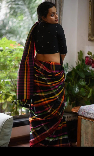 Black and  Multicolor Handloom cotton saree