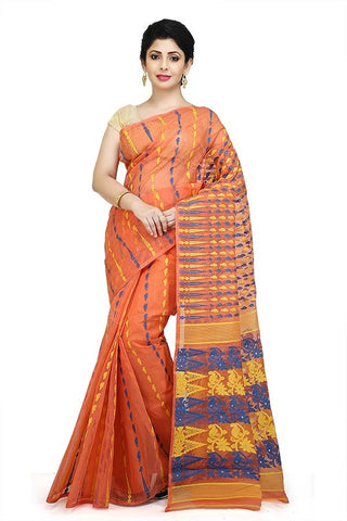 Orange-Pink Pure Resham Cotton Jamdani Saree