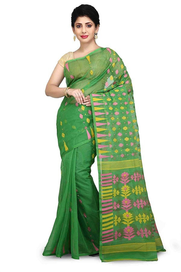 Green Pure Resham Cotton Jamdani Saree