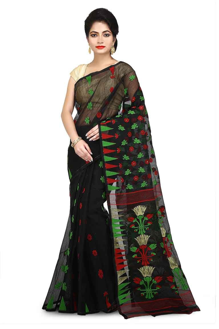 Black Pure Resham Cotton Jamdani Saree