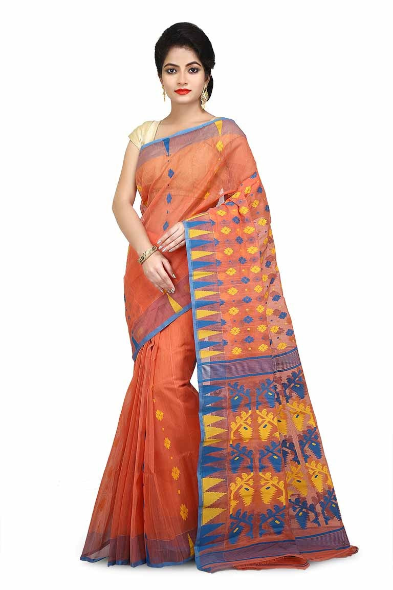 Orange-Pink Pure Resham Cotton Jamdani Saree