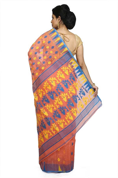 Orange-Pink Pure Resham Cotton Jamdani Saree