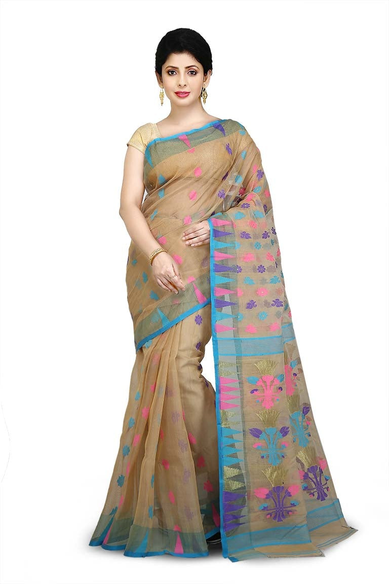 Beige Pure Resham Cotton Jamdani Saree