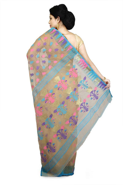 Beige Pure Resham Cotton Jamdani Saree