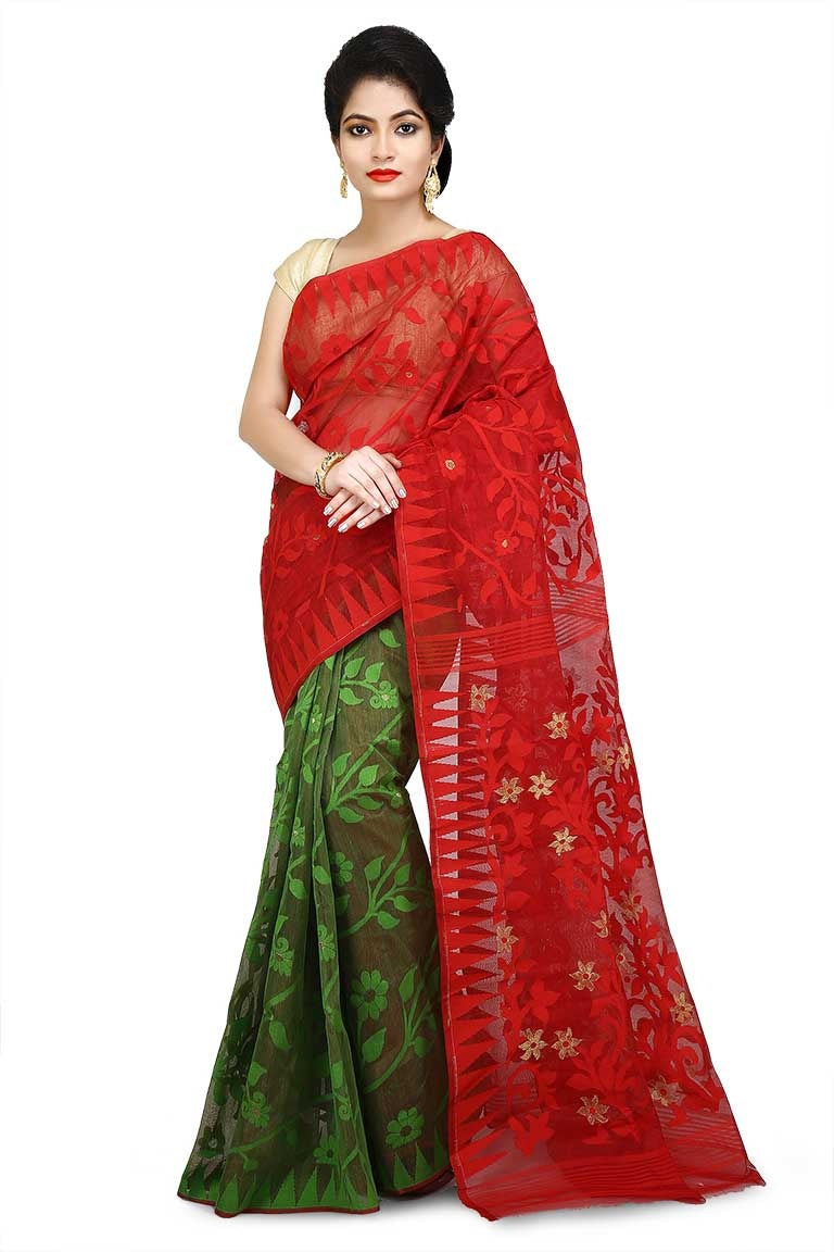 Red & Green Bi-Color Pure Resham Cotton Jamdani Saree