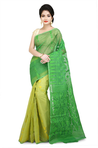 Green & Yellow Bi Color Pure Resham Cotton Jamdani Saree