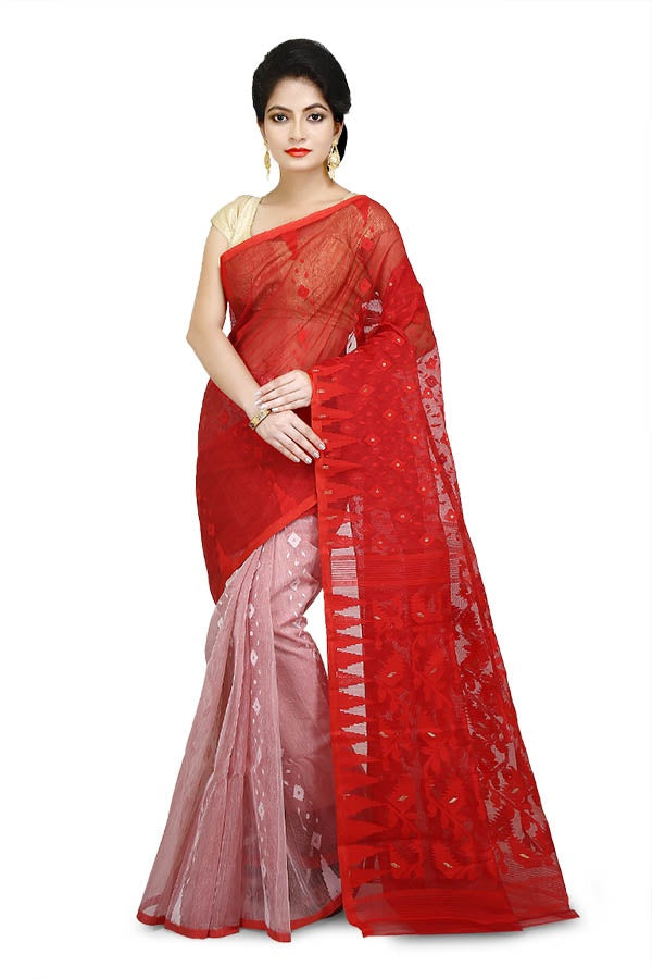 Red & Off White Bi Color Pure Resham Cotton Jamdani Saree