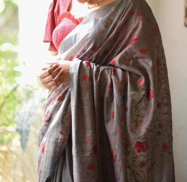 Grey and Red Embroidered Handloom Tussar Silk Saree