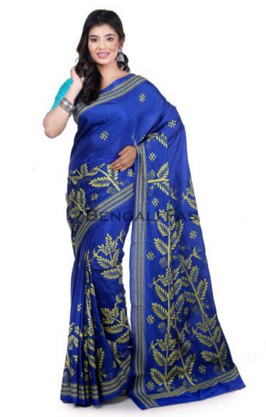 Royal Blue Stylish Art Silk Kantha Work Saree