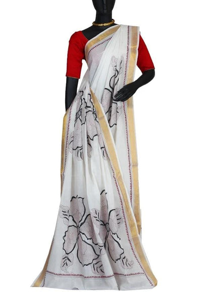 White Colored Pure Cotton Kantha Stitch Saree with Hand Stitch Work